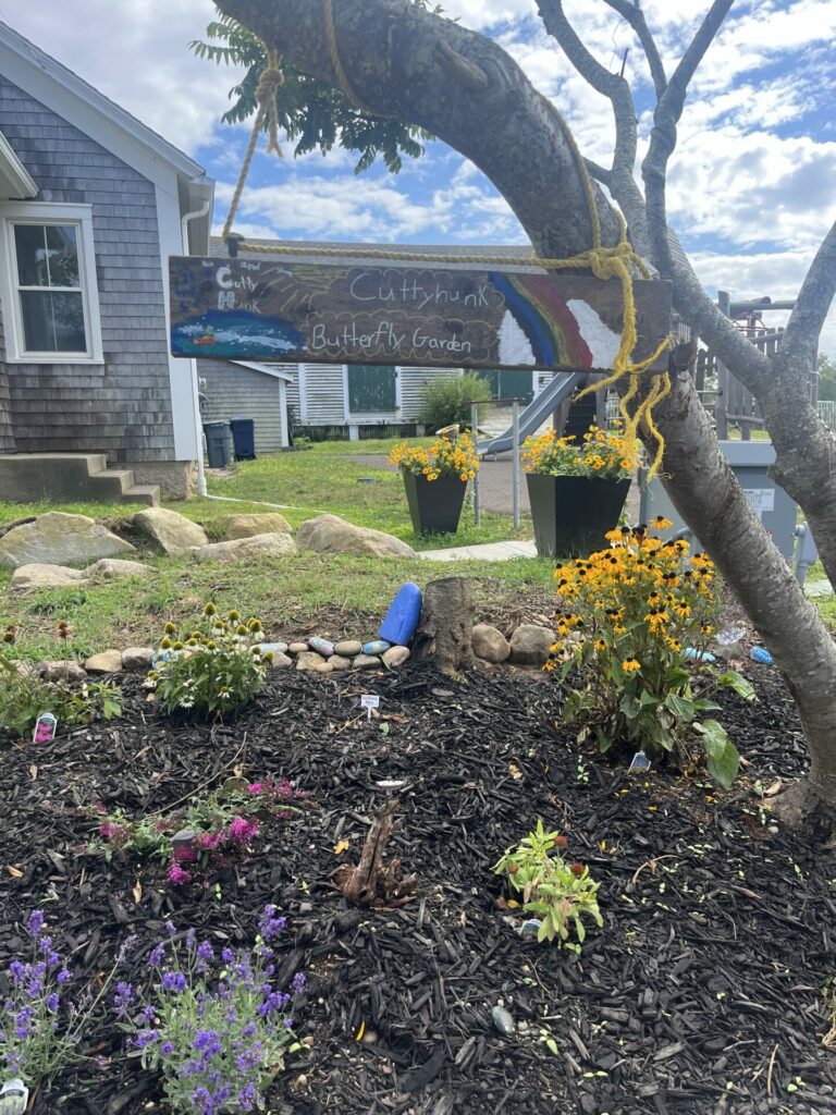 Butterfly garden with flowers and plants in front of the playground